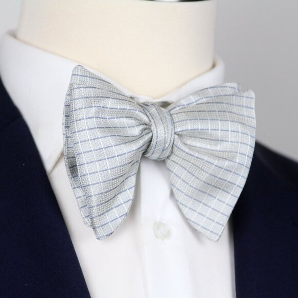 Men's‎ 100% Silk Self-Tied Bow Tie Big Butterfly Blue Micro Plaid Made USA S724 - Picture 4 of 8
